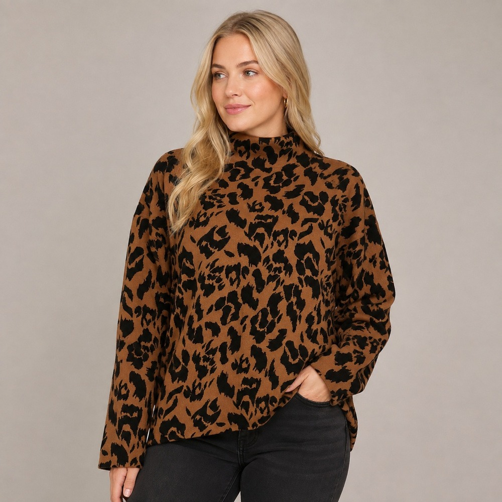 Nicole Miller New York Leopard Print Mock Neck Sweater Tan Black XL Animal Print